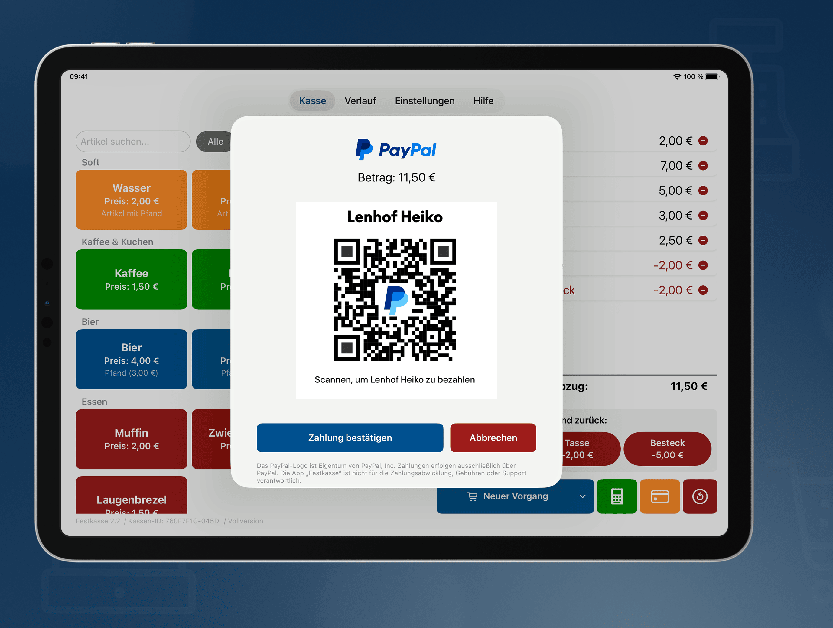 PayPal QR-Code Integration zum schnellen Bezahlen mit der Festkasse App