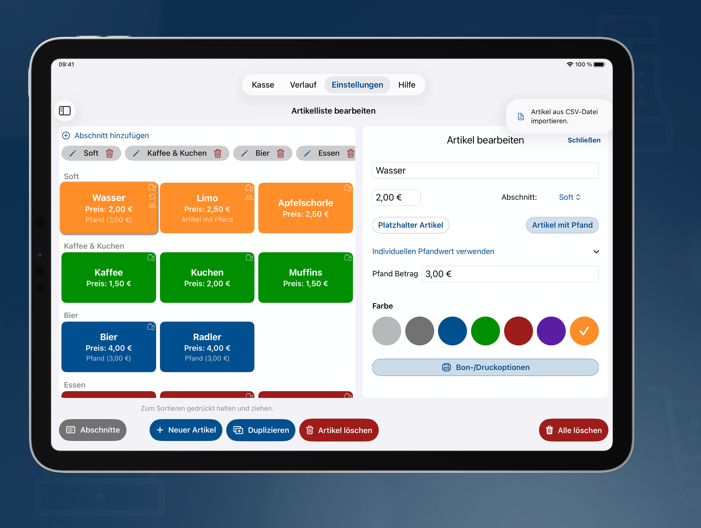 Verwaltung und Bearbeitung von Artikeln und Preisen in der Festkasse App